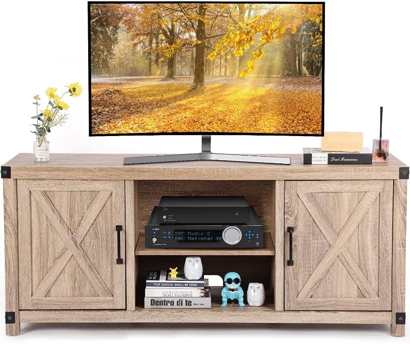 Photo 1 of `TV Console Cabinet for TVs up to 65 Inch W/Media Shelves, Farmhouse TV Stand Style Entertainment Center for Soundbar or Other Media, Barn Door TV Stand with Storage for Living Room, APRTS02L
