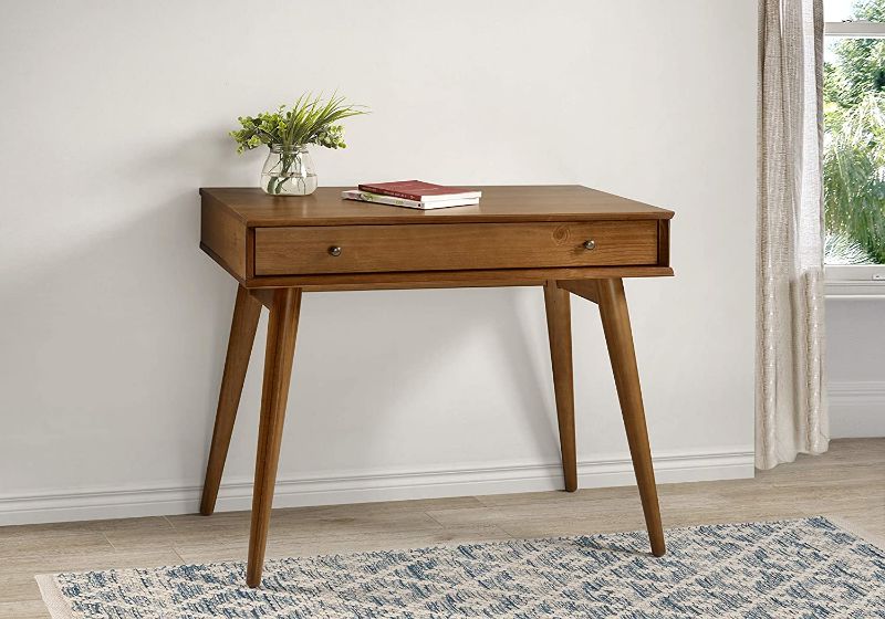 Photo 1 of Mid-Century Modern Computer Desk / 35.75"W / Study Writing Table for Home Office / Solid Wood / Natural Variations of Wood Grains / One Drawer / Partial Assembly, Castanho Brown
