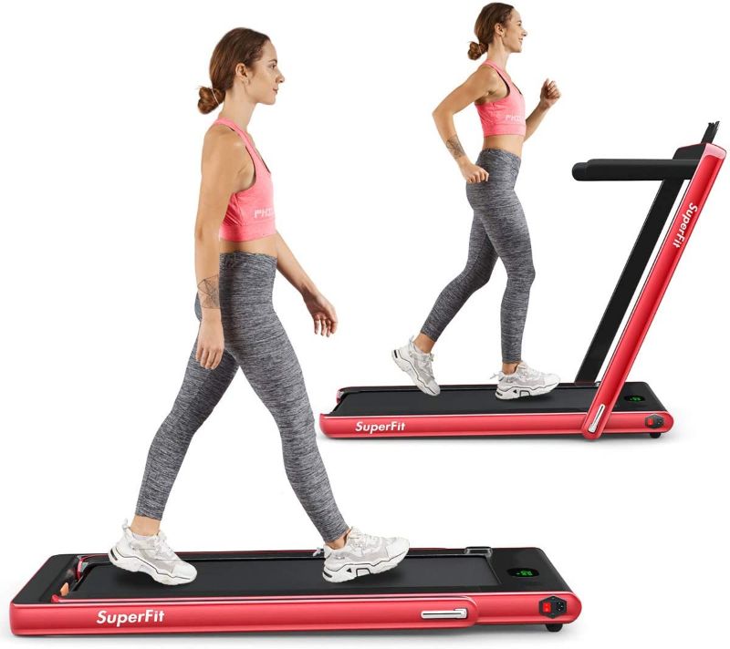 Photo 1 of Goplus 2 in 1 Folding Treadmill, 2.25HP Superfit Under Desk Electric Treadmill, Installation-Free with Blue Tooth Speaker, Remote Control, APP Control and LED Display, Walking Jogging for Home Office

//MINOR DAMAGE ON SIDE CRACKED, COSMETIC DAMAGE 