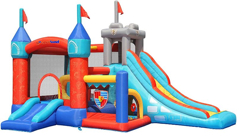 Photo 1 of Bounceland Medieval Bounce Castle Bounce House with Slide & Ball Pit, Basketball Hoop and Ball Toss Game Included, Long Fun Slide, Obstacle Courts, Comes with UL Certified Blower Fun Party
