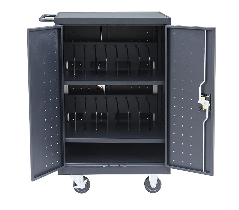 Photo 1 of Pearington 10 Device Mobile Charging and Storage Cart for iPads, Chromebooks and Laptop Computers, Up To 17-Inch Screen Size, Surge Protection, Front & Back Access Locking Cabinet, Black

//MINOR COSMETIC DAMAGE, ONLY CHARGES 10 DEVICES 