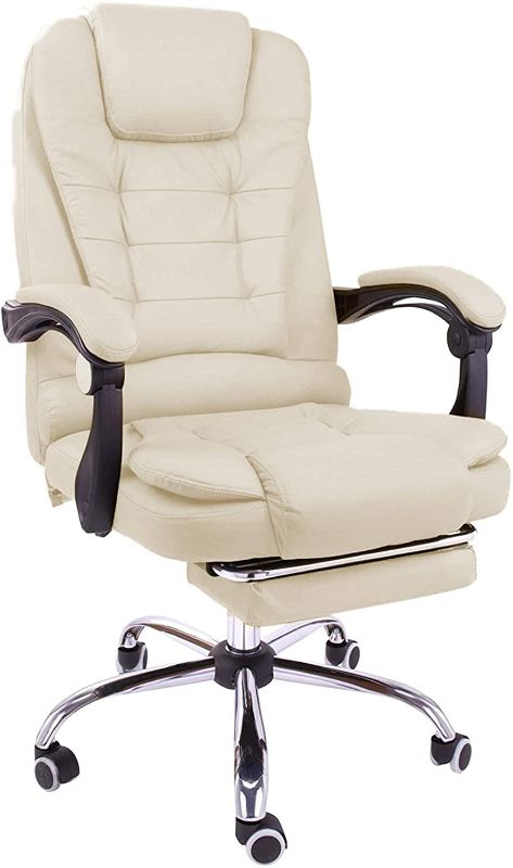 Photo 1 of **PARTS ONLY ** Halter Reclining Leather Office Chair - Modern Executive Adjustable Rolling Swivel Chair Headrest with Retractable Footrest (Creamy White)
