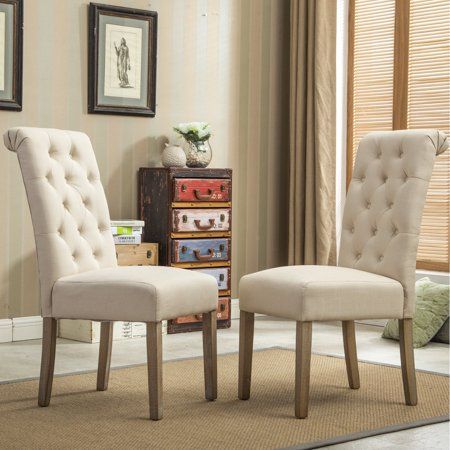 Photo 1 of Roundhill Furniture Habit Solid Wood Tufted Parsons Dining Chair, Tan, Set of 2
