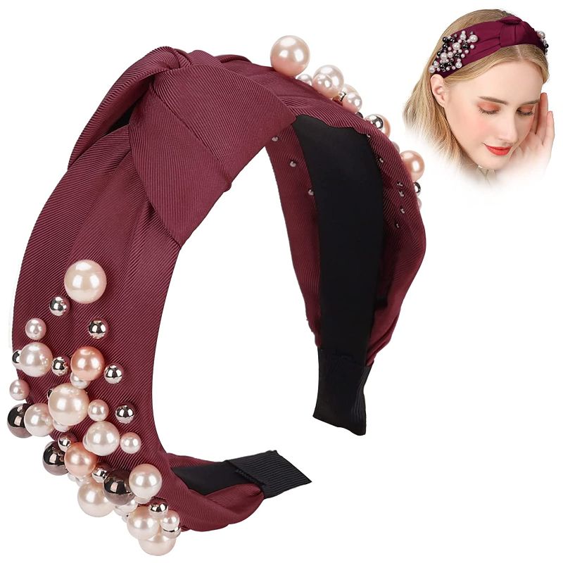 Photo 1 of SONSENAI Headbands for Women Girls, Fashion Headbands Wide Headbands with Pearls Knot Turban Hairband Beaded Headbands Accessories for Women and Girls(Wine red) 5 PACK.
