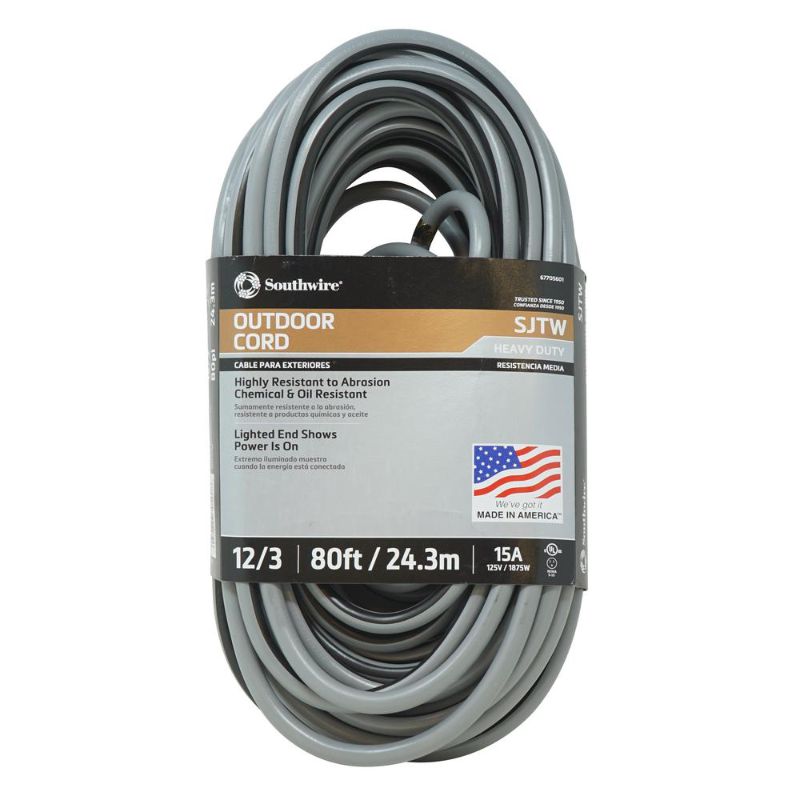 Photo 1 of **USED**
Southwire 80 Ft. 12/3 SJTW Outdoor Heavy-Duty Extension Cord with Power Light Plug, Gray/Black, Gray/ Black
