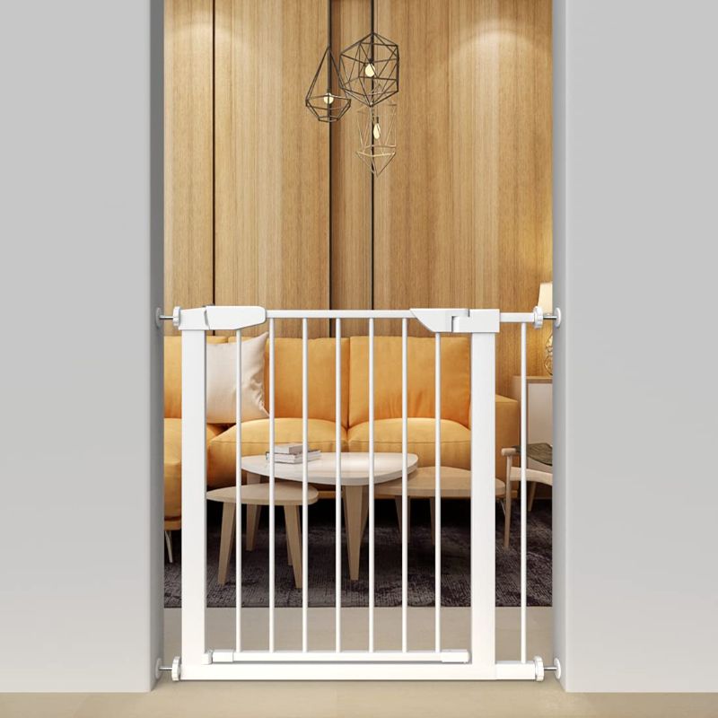 Photo 1 of ALLAIBB Baby Gate Auto Close Walk Through Tension White Metal Child Pet Safety Gates with Pressure Mount for Stairs,Doorways and Kitchen (White, 35.04"-37.80")
