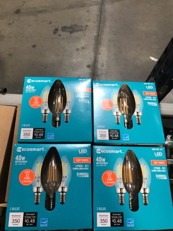 Photo 1 of EcoSmart
40-Watt Equivalent B11 Candle Dimmable ENERGY STAR Clear Glass Filament Vintage LED Light Bulb Soft White (12-Pack)