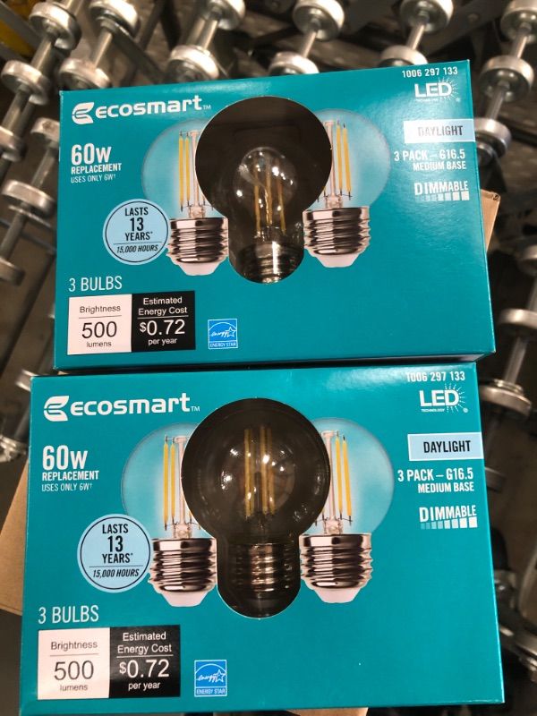 Photo 2 of EcoSmart
60-Watt Equivalent G16.5 ENERGY STAR and CEC Title 20 Dimmable Filament LED Light Bulb Daylight (3-Pack)
2 PACK