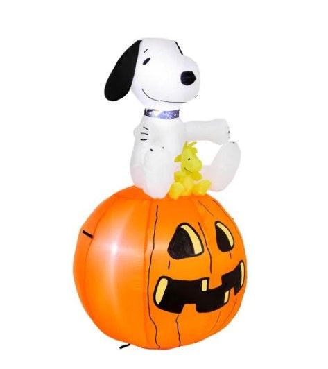 Photo 1 of 3.5 ft. Snoopy with Halloween Collar and Woodstock on Pumpkin Airblown Peanuts Halloween Inflatable