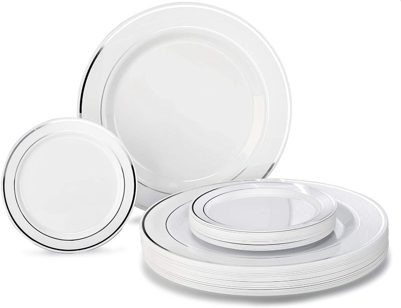 Photo 1 of " OCCASIONS" 240 Plates Pack, Heavyweight Premium Disposable Plastic Plates Set 120 x 10.5'' Dinner + 120 x 6.25'' Dessert/Cake Plates (White & Silver Rim)
