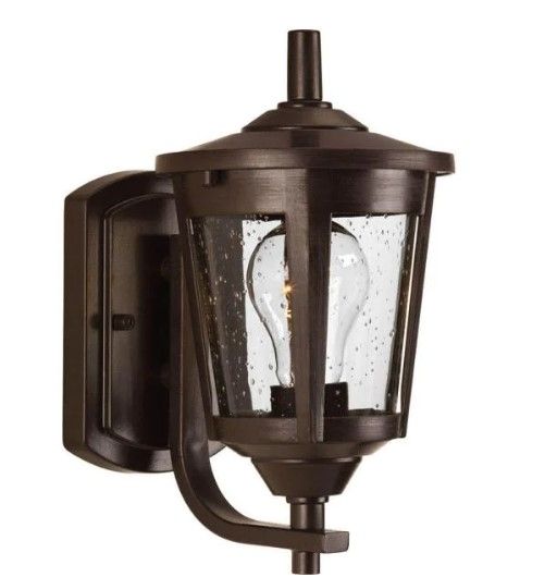 Photo 1 of 
Progress Lighting
East Haven Collection 1-Light Antique Bronze Clear Seeded Glass Transitional Outdoor Small Wall Lantern Light