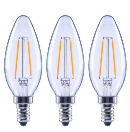 Photo 1 of EcoSmart
40-Watt Equivalent B11 Dimmable Flame Bent Tip Clear Glass Filament LED Vintage Edison Light Bulb Daylight (3-Pack)
2 PACK
+
EcoSmart
25-Watt Equivalent B11 Dimmable Blunt Tip Clear Glass Filament LED Vintage Edison Light Bulb Bright White (3-Pac