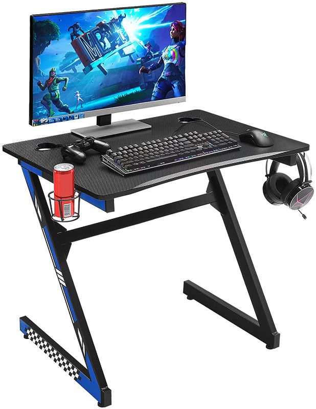 Photo 1 of Mr IRONSTONE 31.5" Gaming Desk PC Computer Desk Home Office Student Table for Small Space Z-Shaped with Cup & Headphone Holder and 2 Cable Management Holes (Blue)
