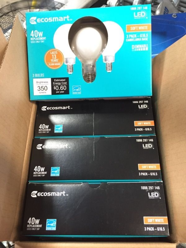 Photo 2 of EcoSmart
40-Watt Equivalent G16.5 ENERGY STAR and CEC Title 20 Dimmable Filament LED Light Bulb Bright White (3-Pack)
4 PACK