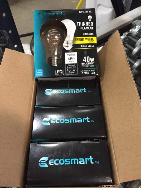 Photo 2 of EcoSmart
40-Watt Equivalent A15 Dimmable Fine Bendy Filament LED Vintage Edison Light Bulb Bright White 3000K (2-Pack)
4 PACK