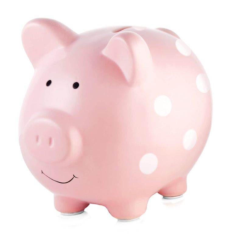 Photo 1 of Pearhead Ceramic Piggy Bank, Baby Girl Nursery Décor, Money Bank, Baby Keepsake, Pink Polka Dot
