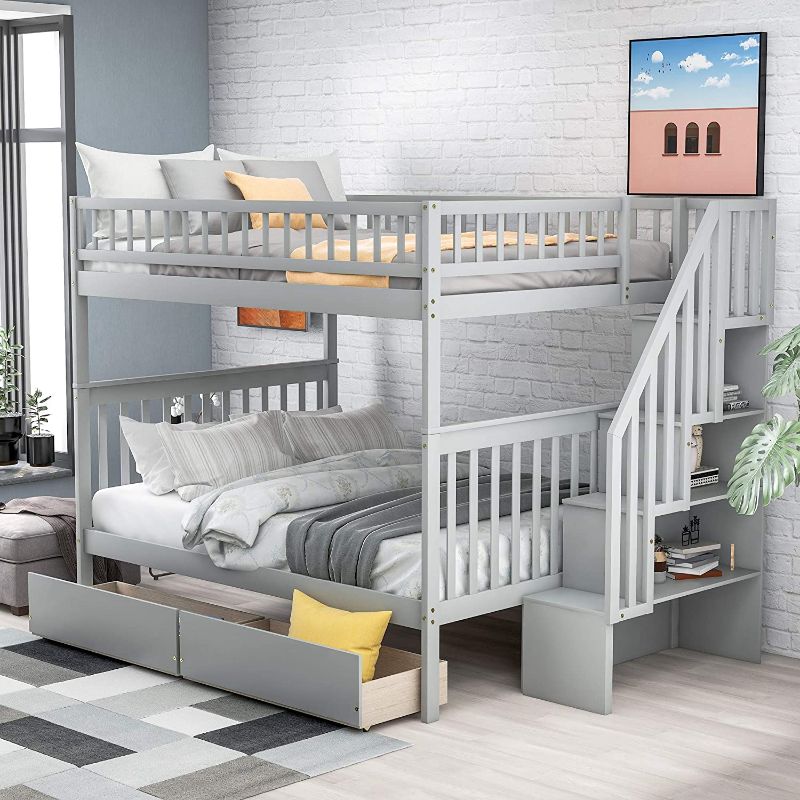 Photo 1 of ***INCOMPLETE MISSING BOXES 2 AND 3*** Full Over Full Bunk Bed with Two Storage Drawers and Storage Shelves for Kids Children, Space Saving Wood Bunk Bed Full with Stairs and Safety Rails, No Box Spring Needed, Easy Assembly (Gray)

