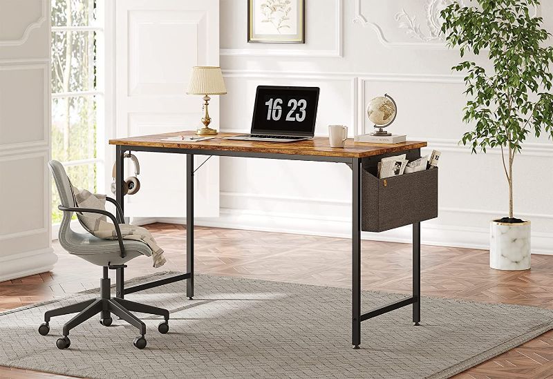 Photo 1 of CubiCubi Study Computer Desk 47" Home Office Writing Small Desk, Modern Simple Style PC Table, Black Metal Frame, Rustic Brown
