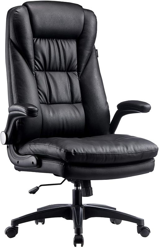 Photo 1 of Hbada Ergonomic Executive Office Chair, PU Leather High-Back Desk Chair with Big and Tall Backrest and Cushion, Swivel Rocking Chair with Flip-up Padded Armrest and Adjustable Height, Black

//used
