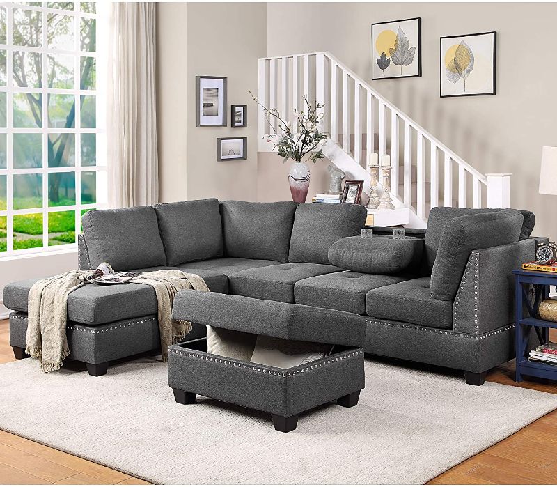 Photo 1 of ***PARTS MISSING ***MAFOROB L-Shaped Sectional Sofa Living Room 3 Piece Couch Set with Reversible Chaise Lounge, Rivet Storage Ottoman and Two Cup Holders, Grey

