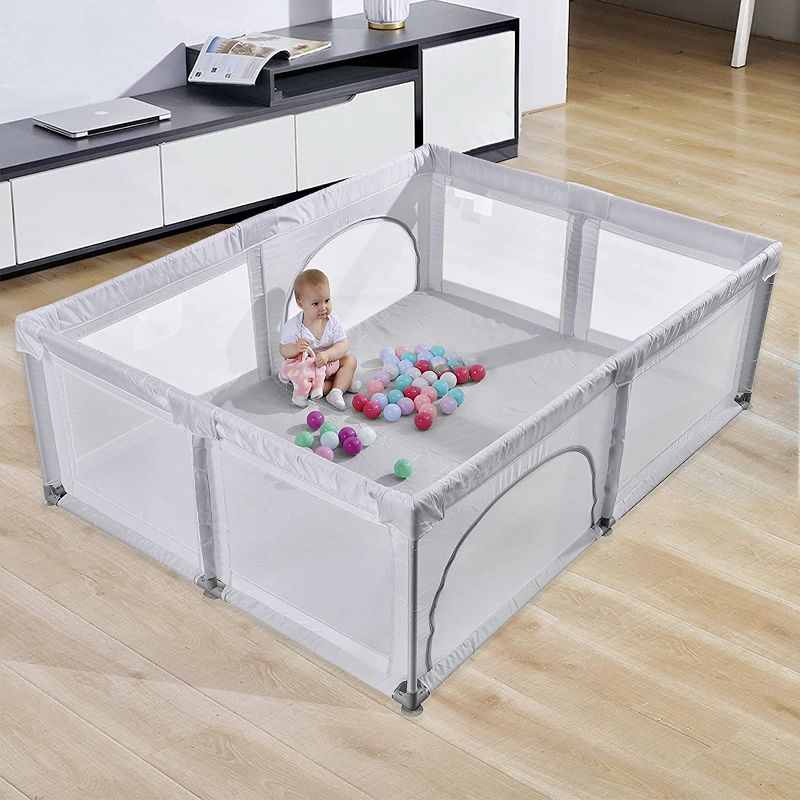 Photo 1 of Baby Playpen, Playpen for Babies, Extra Large Play Yard for Infants Toddlers, Indoor Safety Kids Activity Center, Anti Fall Baby Fence with Window Gates(79x59x27 Inches, Grey)
