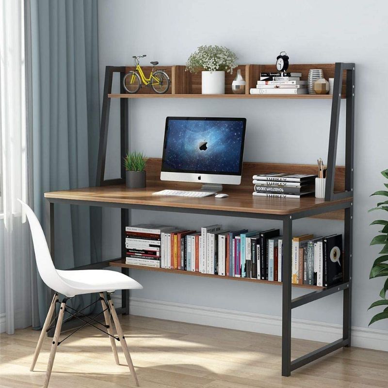 Photo 1 of Tribesigns Computer Desk with Hutch, 47 Inches Home Office Desk with Space Saving Design with Bookshelf for Small Spaces (Dark Walnut)
