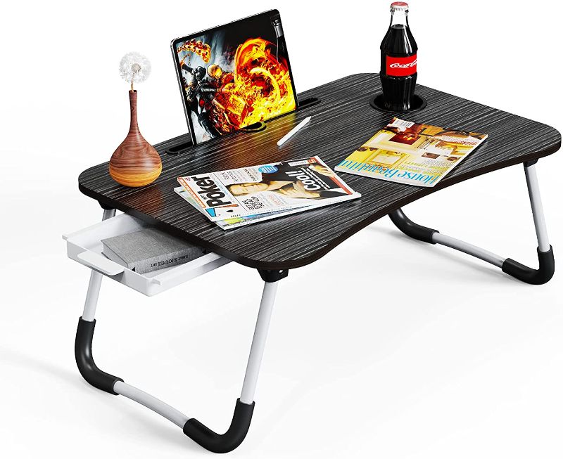 Photo 1 of Lap Desk , Foldable Laptop Table for Bed, Portable Standing Desk 25.5" with Storage Drawer , Laptop Table Stand Desk for Sofa Couch Floor (Black)
