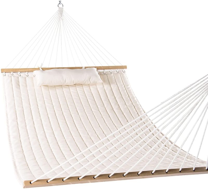 Photo 1 of  Quilted Fabric Hammock with Spreader Bars and Detachable Pillow, 2 Person Hammock for Outdoor Patio Backyard Poolside, 450 LBS Weight Capacity, Cream
