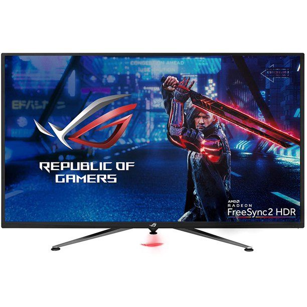 Photo 1 of ASUS ROG Swift PG43UQ 43” 4K HDR DSC Gaming Monitor, (3840 x 2160), 144Hz, G-SYNC Compatible, 1ms, Eye Care, DisplayHDR 1000, DisplayPort HDMI USB, Aura Sync***MONITOR IS OPENED ON BOTTOM RIGHT CORNER, REFER TO PHOTO FOR DETAIL***
***MONITOR STAND IS BROK