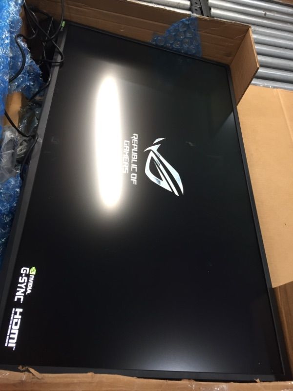 Photo 5 of ASUS ROG Swift PG43UQ 43” 4K HDR DSC Gaming Monitor, (3840 x 2160), 144Hz, G-SYNC Compatible, 1ms, Eye Care, DisplayHDR 1000, DisplayPort HDMI USB, Aura Sync***MONITOR IS OPENED ON BOTTOM RIGHT CORNER, REFER TO PHOTO FOR DETAIL***
***MONITOR STAND IS BROK