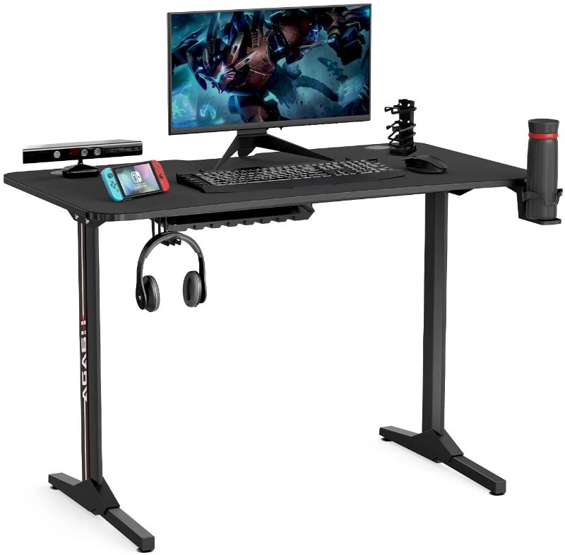 Photo 1 of Hbada Gaming Desk 43.7 in Computer Desk Ergonomic Home Office Desk T-Shaped Racing Pro PC Gamer Desk with Full Cover Mousepad, Cup Holder and Headphone Hook, Black