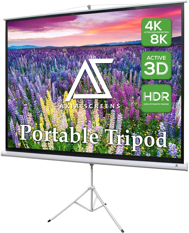 Photo 1 of Akia Screens Portable Projector Screen with Stand 100 inch Pull Up Tripod 4:3 16:9 8K 4K HD 3D Ready White Retractable Projection Screen for Indoor Outdoor Movie Video Home Theater Office AK-T100SB1
