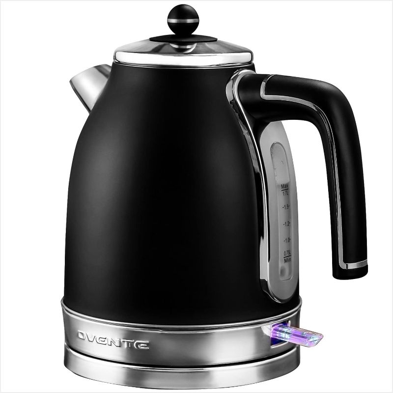 Photo 1 of Ovente Electric Stainless Steel Hot Water Kettle 1.7 Liter Victoria Collection, 1500 Watt Power Tea Maker Boiler with Auto Shut-Off Boil Dry Protection Removable Filter and Water Gauge, Black KS777B
