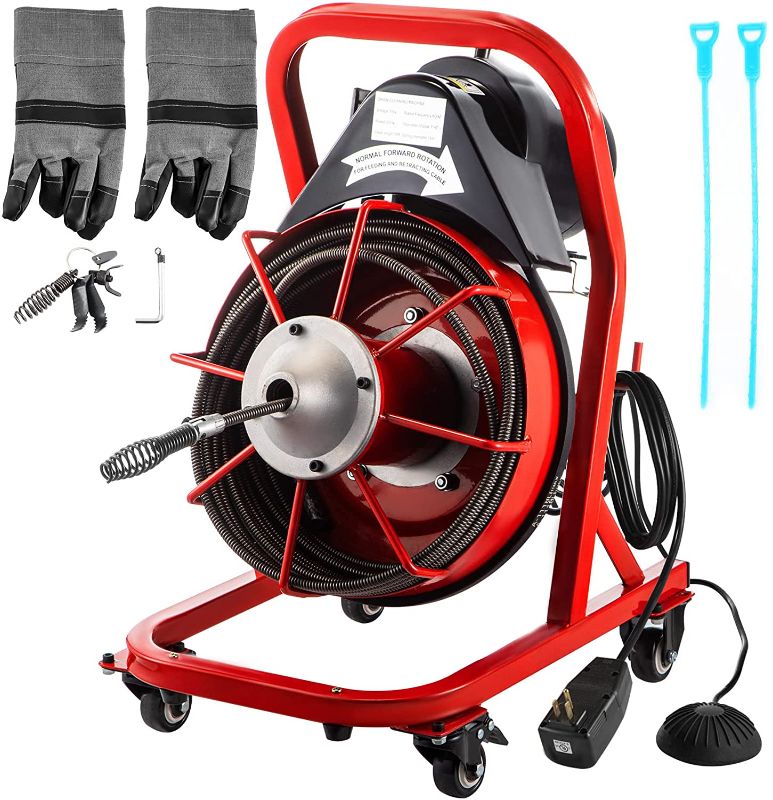 Photo 1 of ***MISSING WHEEL*** VEVOR Electric Drain Auger 75FTx1/2Inch. Drain Cleaner Machine, 370W Sewer Snake Machine, Fit 2''- 4''/51mm-102mm Pipes, w/4 Wheels & Cutters & Foot Switch, for Drain Cleaners Plumbers