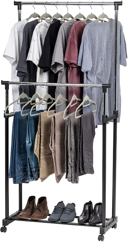 Photo 1 of IRIS USA Height Adjustable Clothes Rack for Hanging Clothes, Portable Clothing Rack, Rolling Garment Rack, Hanging Rack for Clothes, Double Rod Wardrobe Rack
