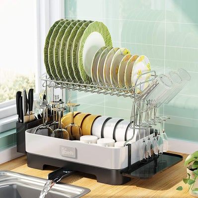 Photo 1 of 1Easylife Dish Drying Rack, 2-Tier Large Drainboard Set with Fingerprint-Proof 304 Stainless Steel Frame
