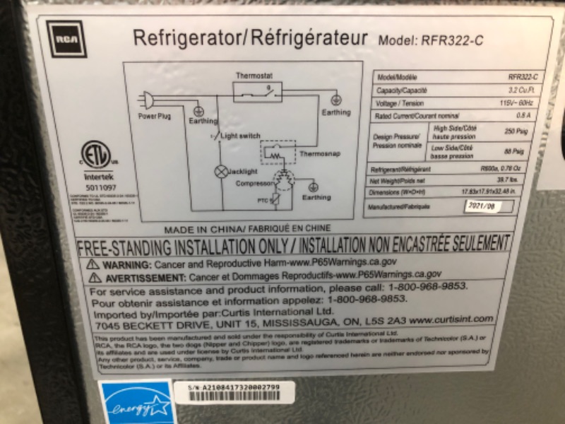 Photo 4 of RCA RFR322-B RFR322 3.2 Cu Ft Single Door Mini Fridge with Freezer, Platinum, Stainless

