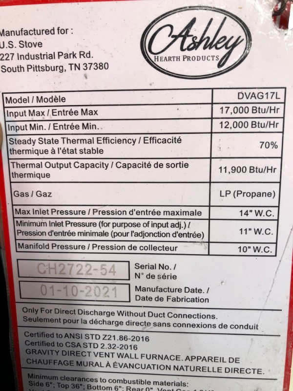 Photo 1 of Ashley Hearth Products DVAG17L 17,000 BTU Direct Vent Propane Heater, Cream
