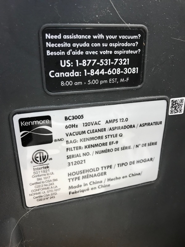 Photo 9 of Kenmore BC3005 Pet Friendly Lightweight Bagged Canister Vacuum Cleaner with Extended Telescoping Wand, HEPA, 2 Motors, Retractable Cord, and 4 Cleaning Tools
