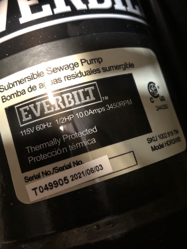 Photo 3 of Everbilt 1/2 HP Submersible Sewage Ejector Pump