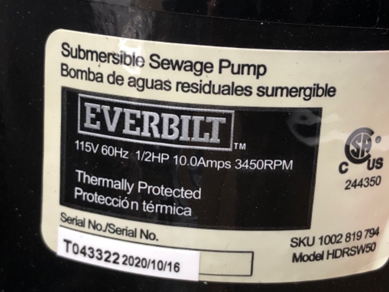 Photo 2 of parts only !! Everbilt
1/2 HP Submersible Sewage Ejector Pump