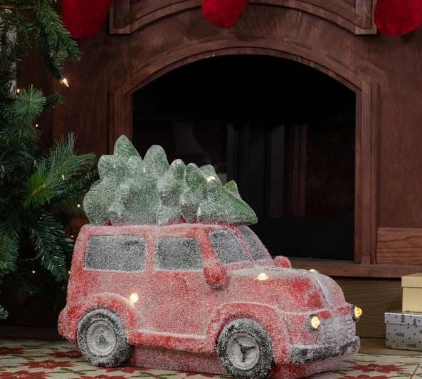 Photo 1 of 17 in. Tall Retro Red Car with Christmas Tree, LED Lights, and Music
