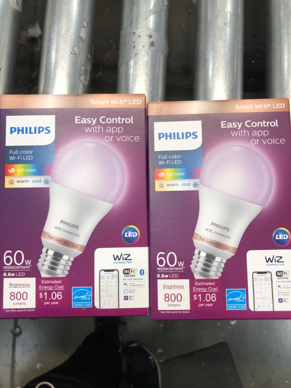 Photo 2 of 2pck- Philips Color and Tunable White A19 LED 60-Watt Equivalent Dimmable Smart Wi-Fi Wiz Connected Wireless Light Bulb