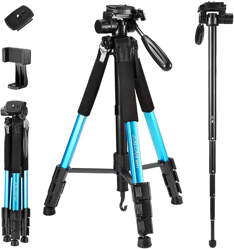 Photo 1 of 72-Inch Camera/Phone Tripod, Aluminum Tripod Travel Monopod Full Size for DSLR with 2 Quick Release Plates,Universal Phone Mount and Convenient Carrying Case Ideal for Travel and Work - MH1 Blue
