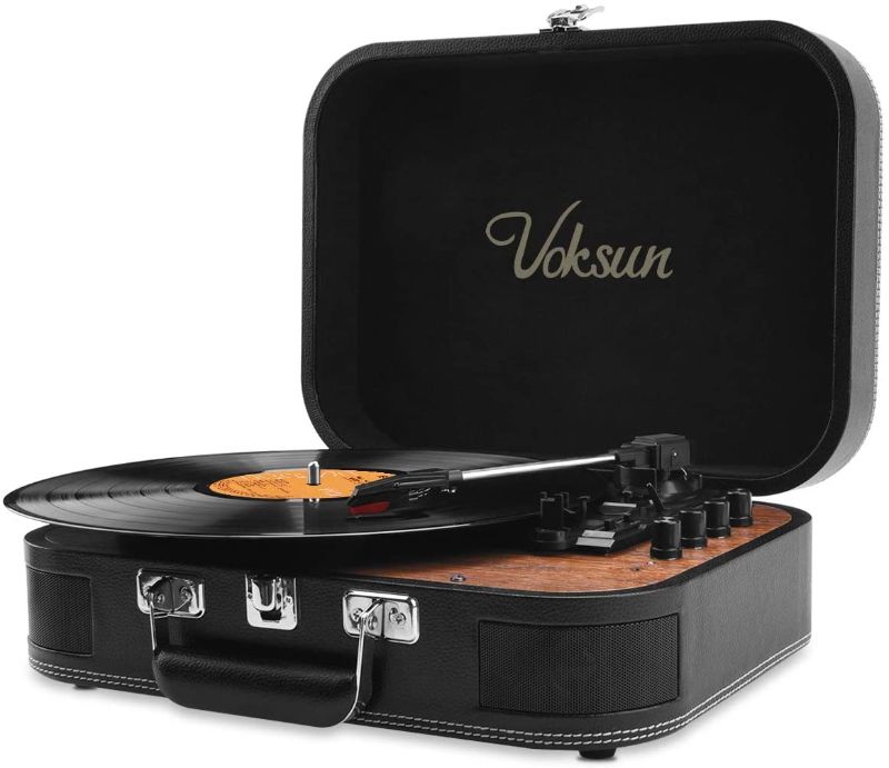 Photo 1 of Voksun Record Player, Bluetooth Turntable with Built-in Speakers, 3-Speed Nostalgic Portable Vintage Suitcase LP Vinyl Record Player, Vinyl to MP3 Recording, with AUX USB RCA Headphone Jack, Black
UNABLE TO TEST