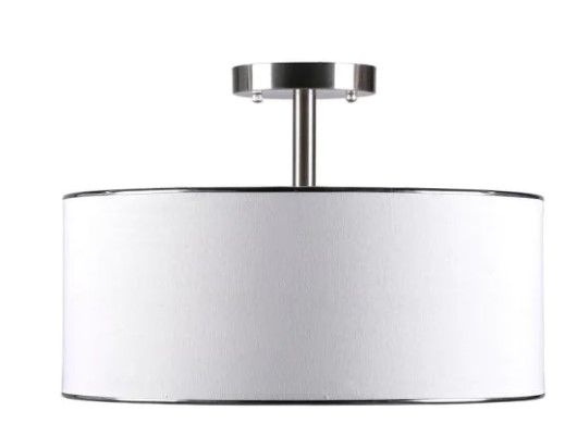 Photo 1 of 18 in. 3-Light Brushed Nickel Semi-Flush Mount with White Fabric Drum Shade