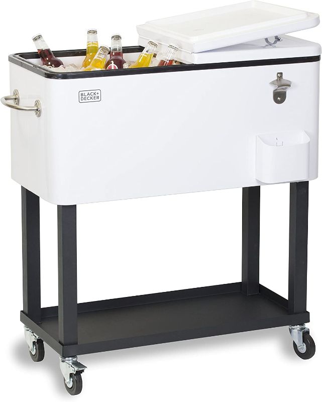 Photo 1 of BLACK+DECKER, Mobile Cooler Cart, 2 Door Seal Lid, Bottle Opener with Catch Basin, Bottom Storage Tray, 4 Rolling Wheels, White, BCC20W
