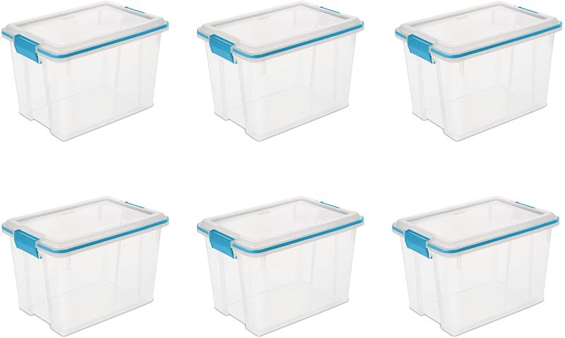 Photo 1 of Sterilite 19324306 Gasket Box See-Through Lid and Base with Blue Aquarium Latches and Gasket, 20-Quart, 6-Pack
