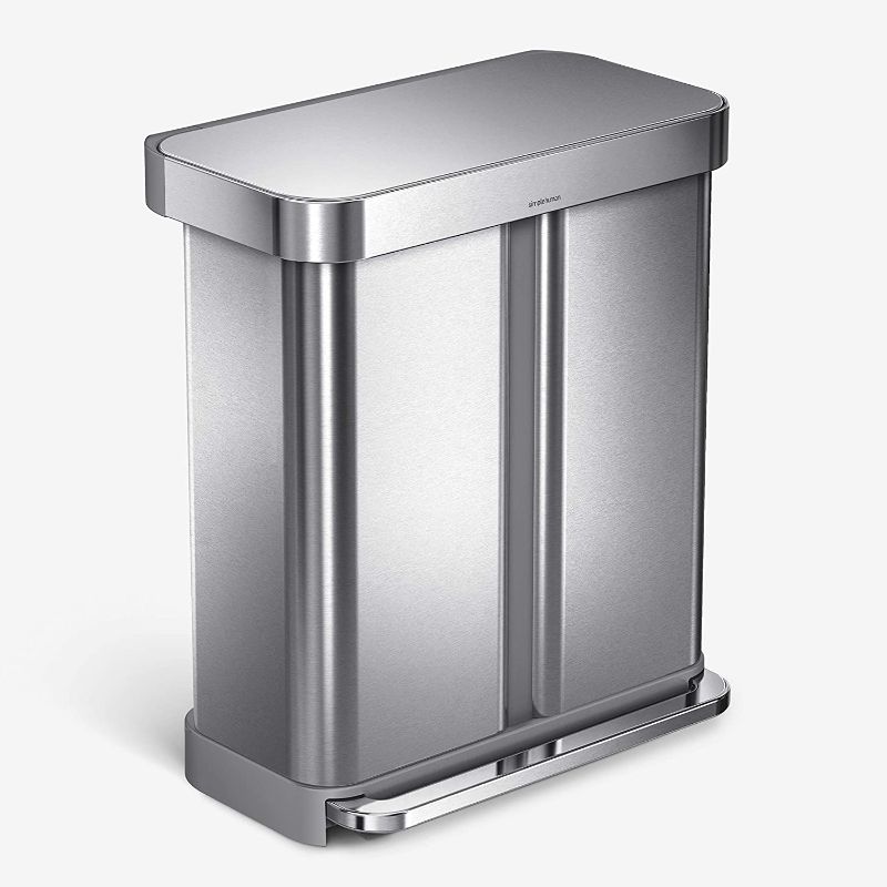 Photo 1 of **DAMAGED**
simplehuman 58 Liter / 15.3 Gallon Rectangular Hands-Free Dual Compartment Recycling Kitchen Step Trash Can with Soft-Close Lid, Brushed Stainless Steel
