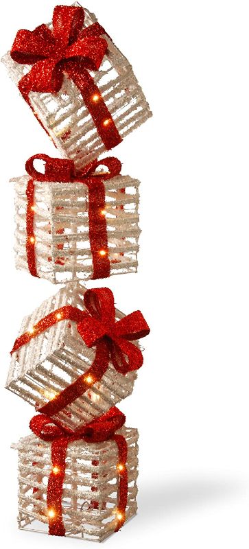 Photo 1 of **BATTERY REQUIRED**
National Tree 33" White Plastic Rattan Giftbox Tower with 35 Micro Warm White Battery Operated LED Lights (MZC-799)
